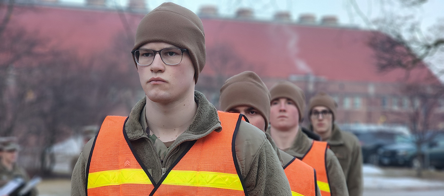 Cadets line up in a lot near the ISU Armory